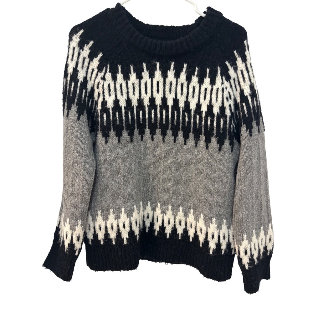 J.Crew Womens‎ Black Grey Fair Isle Wool Alpaca Blend Crewneck Sweater Small
